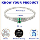 Rhodium Plated Silver Toned Square Shaped Emerald Green American Diamond Studded Bracelet