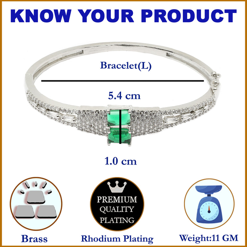 Rhodium Plated Silver Toned Square Shaped Emerald Green American Diamond Studded Bracelet