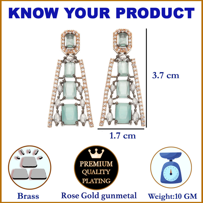 Rose Gold-Plated Gunmetal Toned Sea Green American Diamond studded Contemporary Drop Earrings