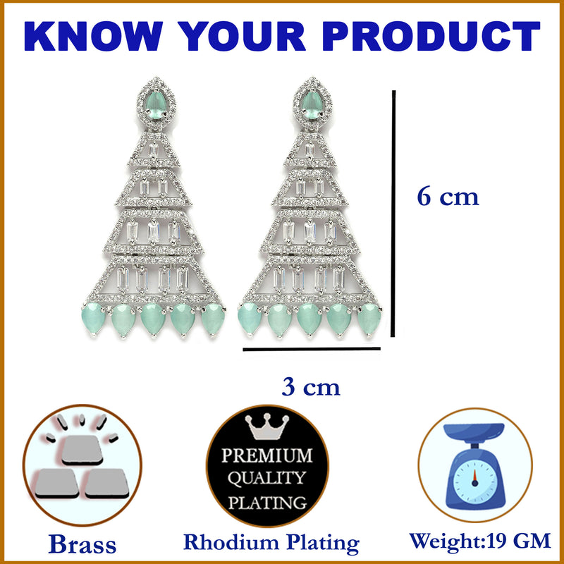 Rhodium-Plated Silver Toned Sea Green & White American Diamond studded Triangular Shaped Drop Earrings