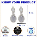 Rhodium-Plated Silver Toned Pink & White American Diamond studded Oval Shaped Drop Earrings