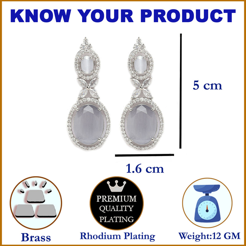 Rhodium-Plated Silver Toned Pink & White American Diamond studded Oval Shaped Drop Earrings