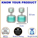 Rhodium-Plated Silver Toned Sea Green & White American Diamond studded Square Shaped Drop Earrings