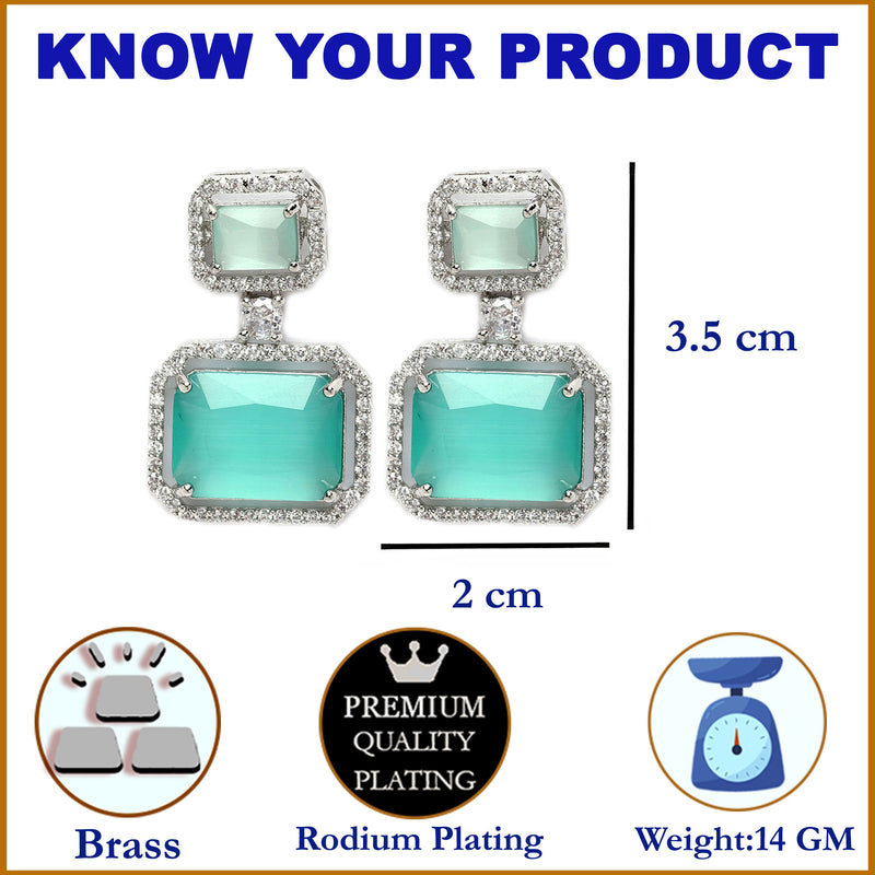 Rhodium-Plated Silver Toned Sea Green & White American Diamond studded Square Shaped Drop Earrings