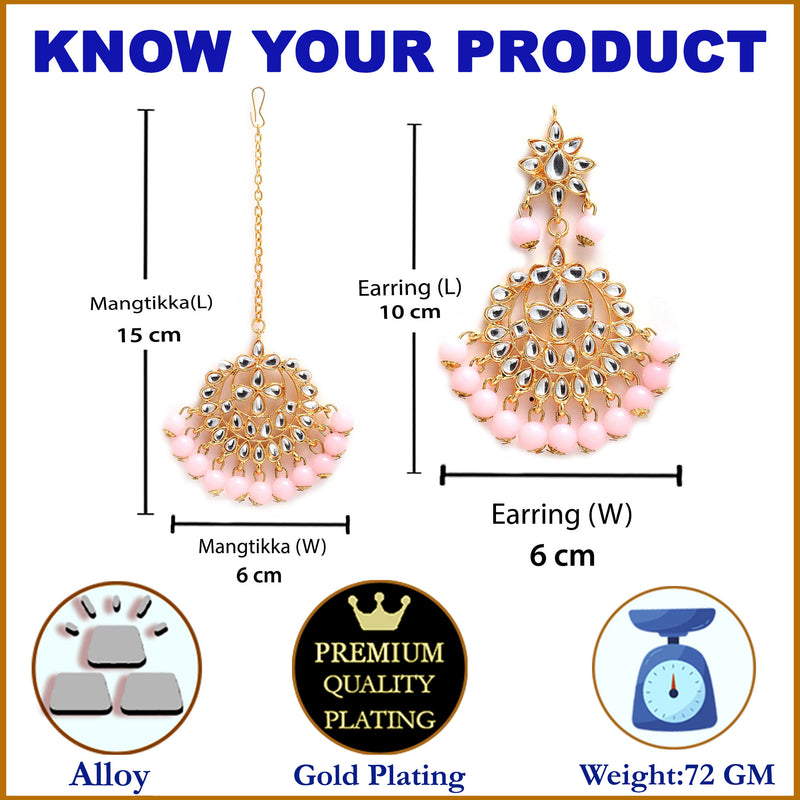 Gold-Plated Pink Pearl & Kundan Studded Maang Tikka With Earrings