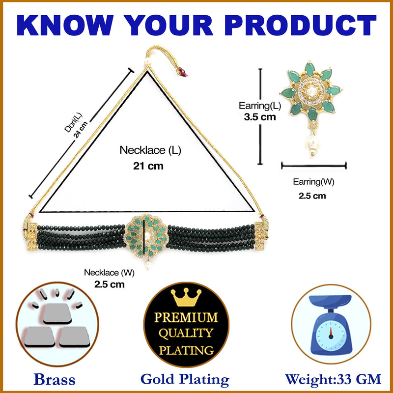 Antique Gold-Plated Green & White Beaded AD-Studded Jewellery Set