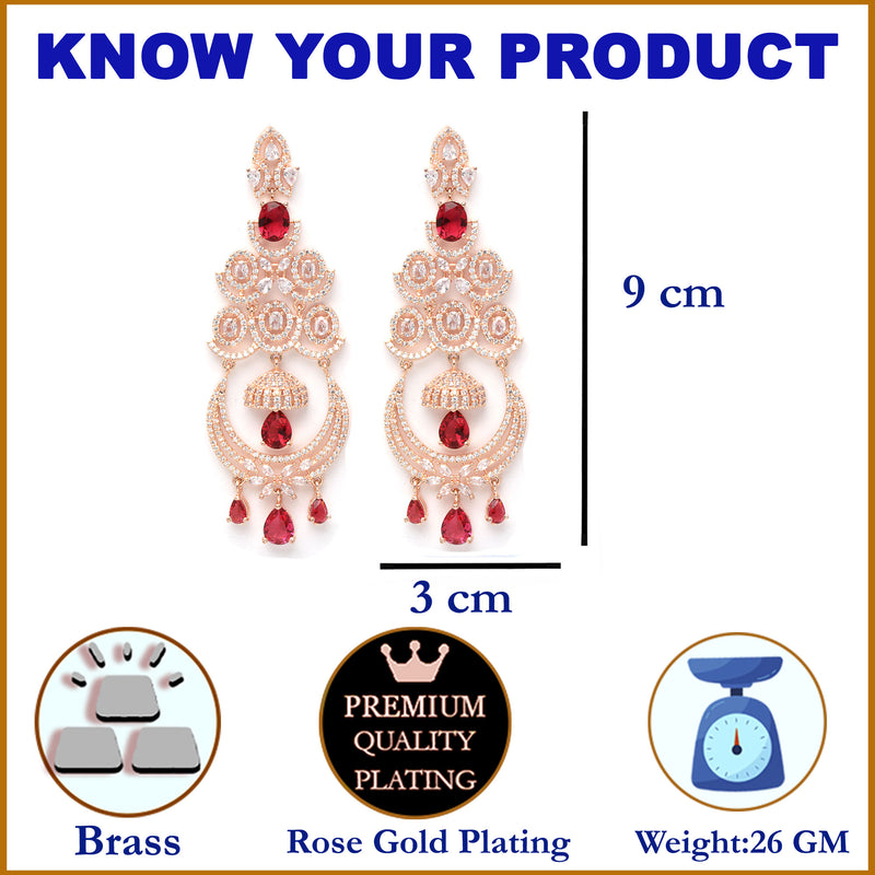Red American Diamond with Rose Gold-Plated Contemporary Chandbalis Earrings