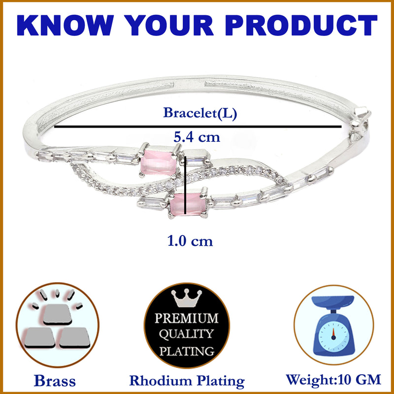 Rhodium-Plated Silver Toned Square  Pink American Diamond Studded Kada Bracelet