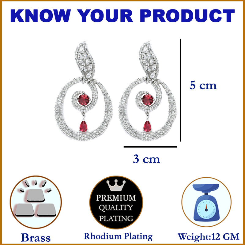 Rhodium-Plated Red & White American Diamond studded Oval Shaped Drop Earrings