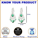 Rhodium Plated Oval Green AD Stone Contemporary Long Drop Earrings