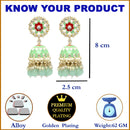 Gold-Plated Sea Green Kundan & White Pearls studded Dome Shaped Handcrafted Jhumka Earrings