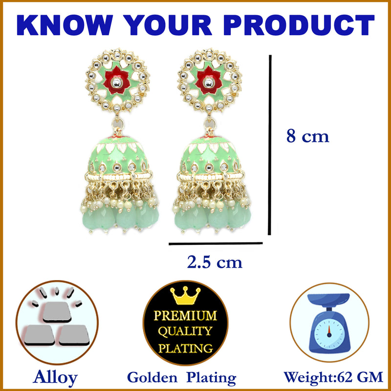 Gold-Plated Sea Green Kundan & White Pearls studded Dome Shaped Handcrafted Jhumka Earrings