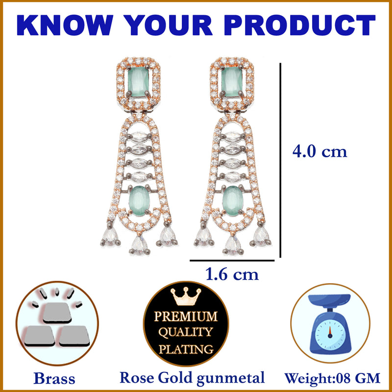 Rose Gold-Plated Gunmetal Toned Sea Green American Diamond studded Classic Contemporary Drop Earring