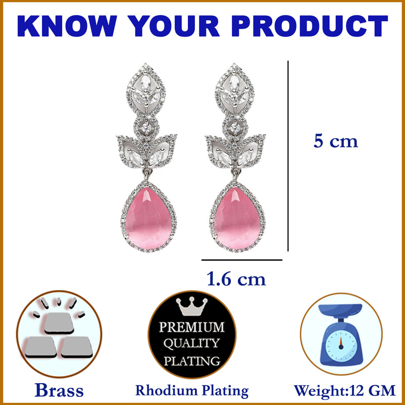 Rhodium-Plated Pink American Diamond studded Teardrop & Leaf Shaped Drop Earrings