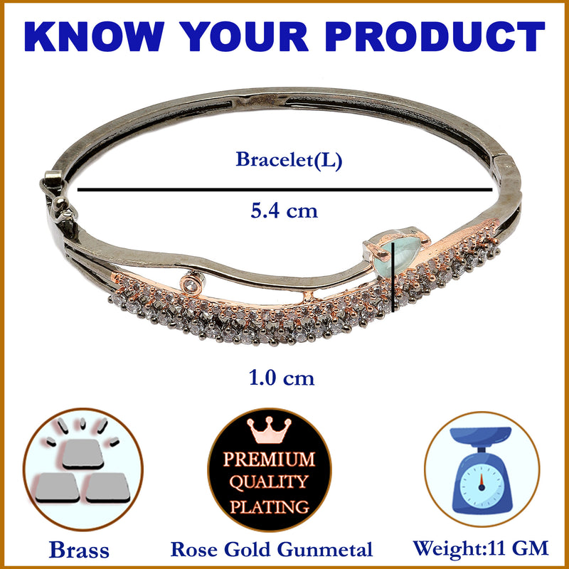 Rose Gold-Plated Black Toned Sea Green American Diamond Studded Kada Bracelet