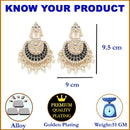 Gold-Plated Kundan studded Black & Off-White Crescent Shaped Chandbali Earrings