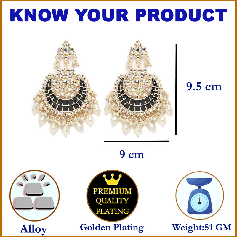 Gold-Plated Kundan studded Black & Off-White Crescent Shaped Chandbali Earrings
