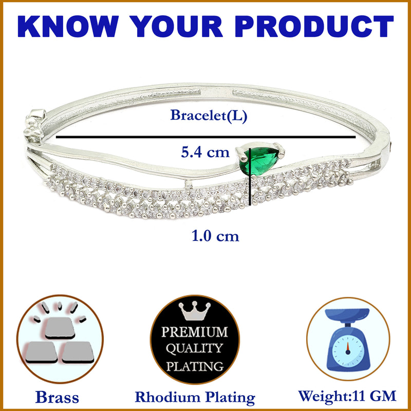 Rhodium Plated Silver Toned Emerald-Green Teardrop American Diamond  Stone Studded Kada Bracelet