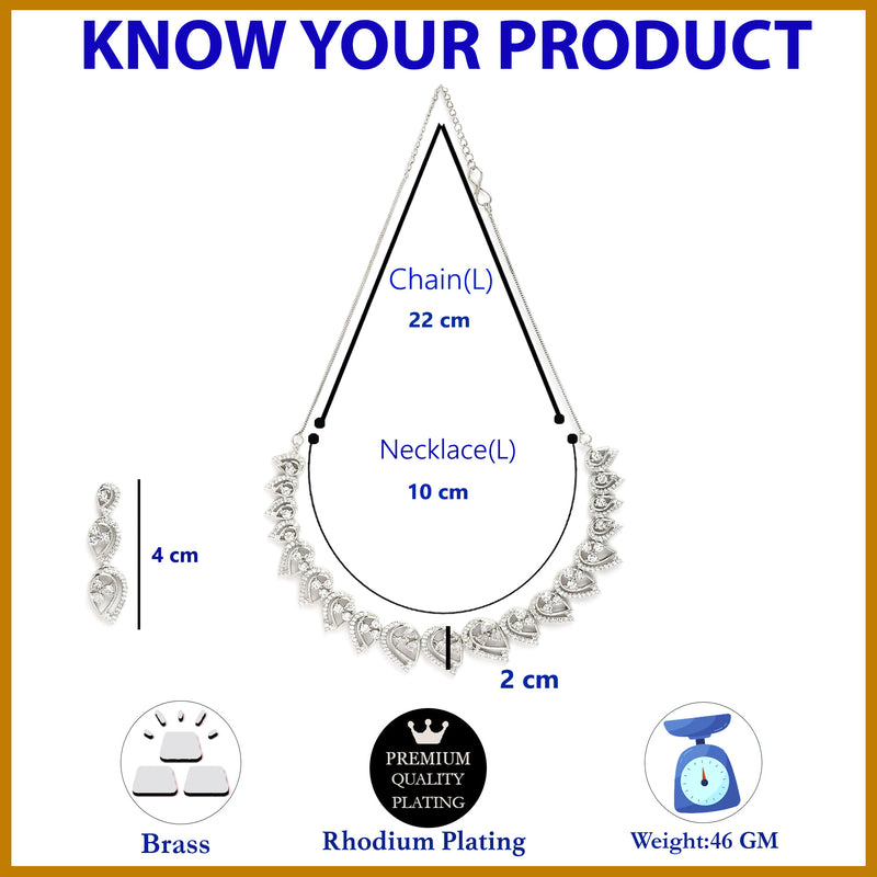 Rhodium Plated Silver Toned White American Diamond Studded Jewellery Set