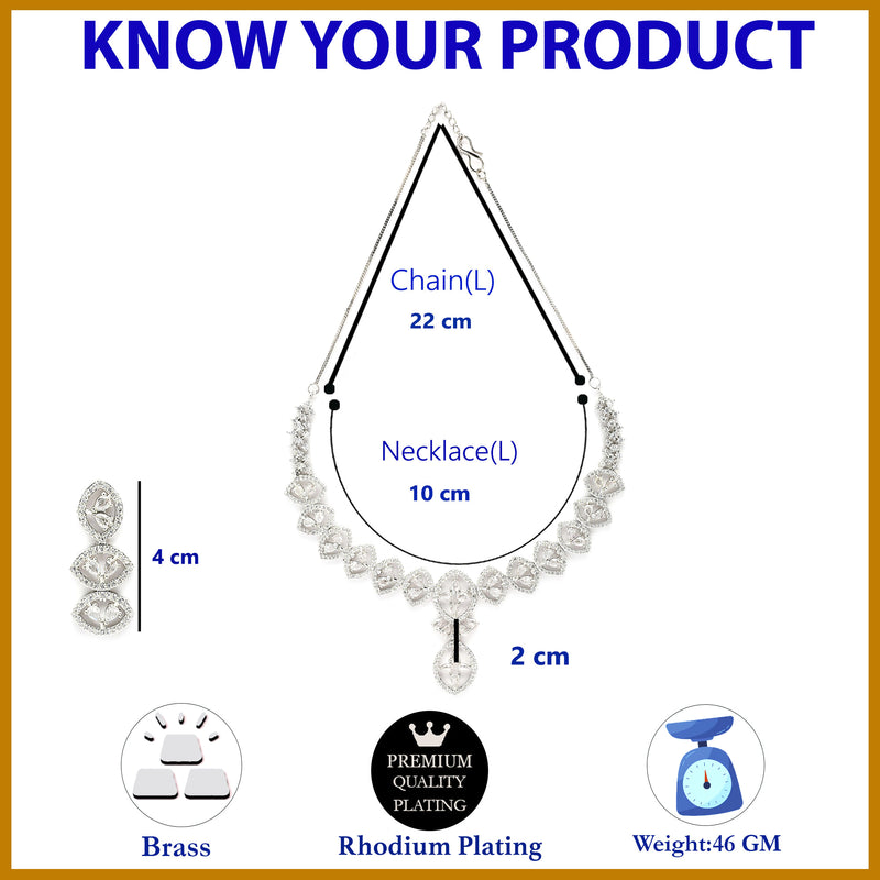 Rhodium Plated Silver Toned White American Diamond Stone Studded Jewellery Set