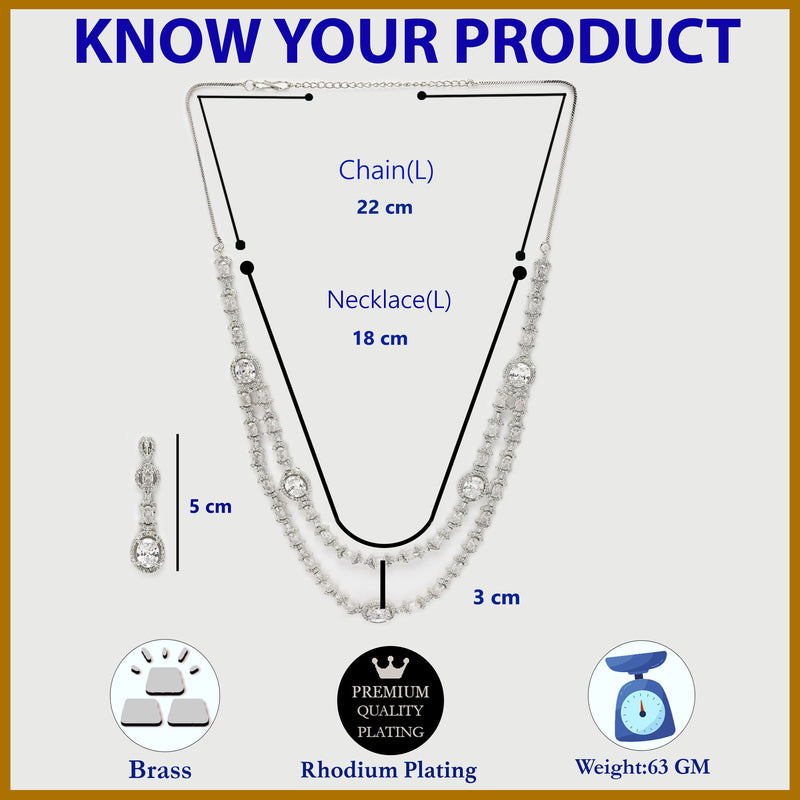 Rhodium Plated Silver Toned Sparkle White American Diamond Studded Jewellery Set