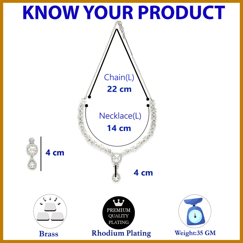 Rhodium Plated Silver Toned Dazzling Drop American Diamond Studded Jewellery Set