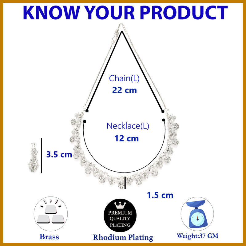 Rhodium Plated Silver Toned White American Diamond Studded Jewellery Set