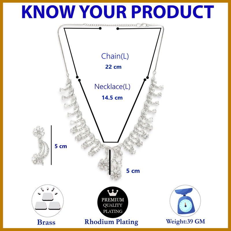 Rhodium Plated Silver Toned White American Diamond Studded Floral Jewellery Set