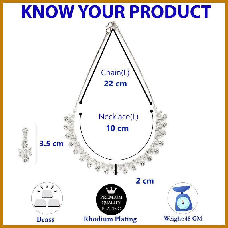 Rhodium Plated Silver Toned Cascade Design & White American Diamond Stone Studded Jewellery Set