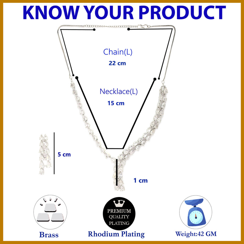 Rhodium Plated Silver Toned Sparkle White American Diamond Stone Studded Jewellery Set