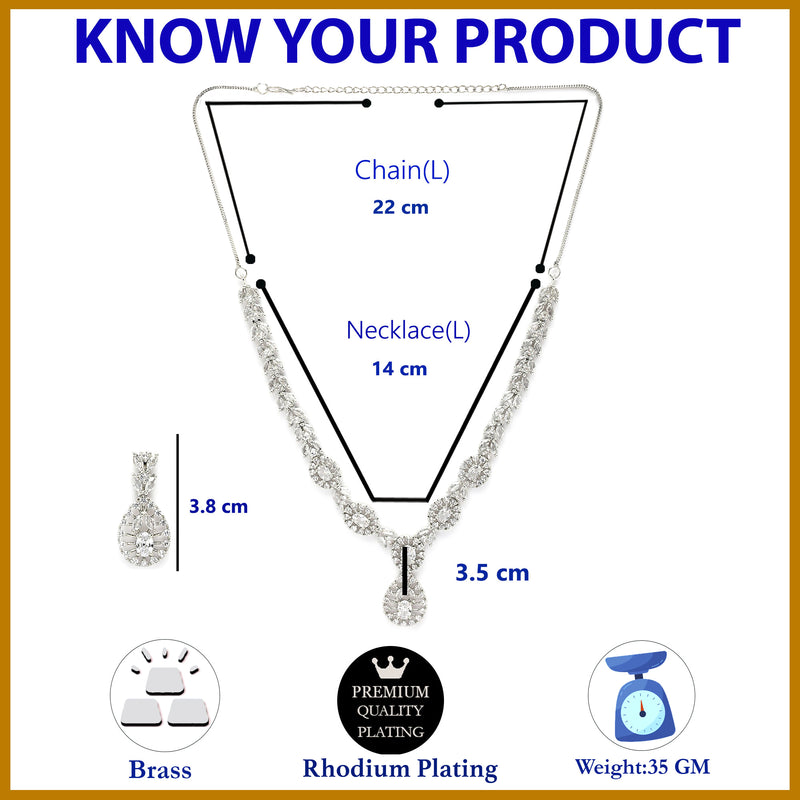 Rhodium Plated Silver Toned White American Diamond Jewellery Set