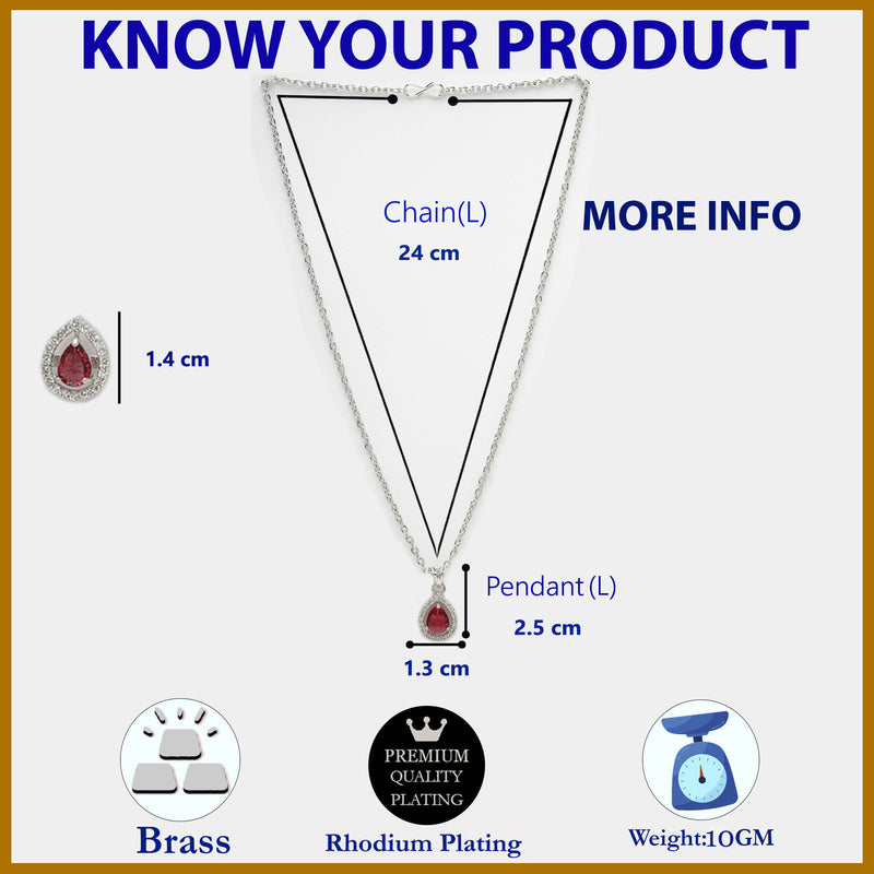 Rhodium Plated Silver Toned Tear Dropped Shaped Ruby Red American Diamond Studded Pendant Set