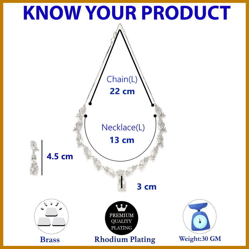 Rhodium Plated Silver Toned White American Diamond Studded Jewellery Set