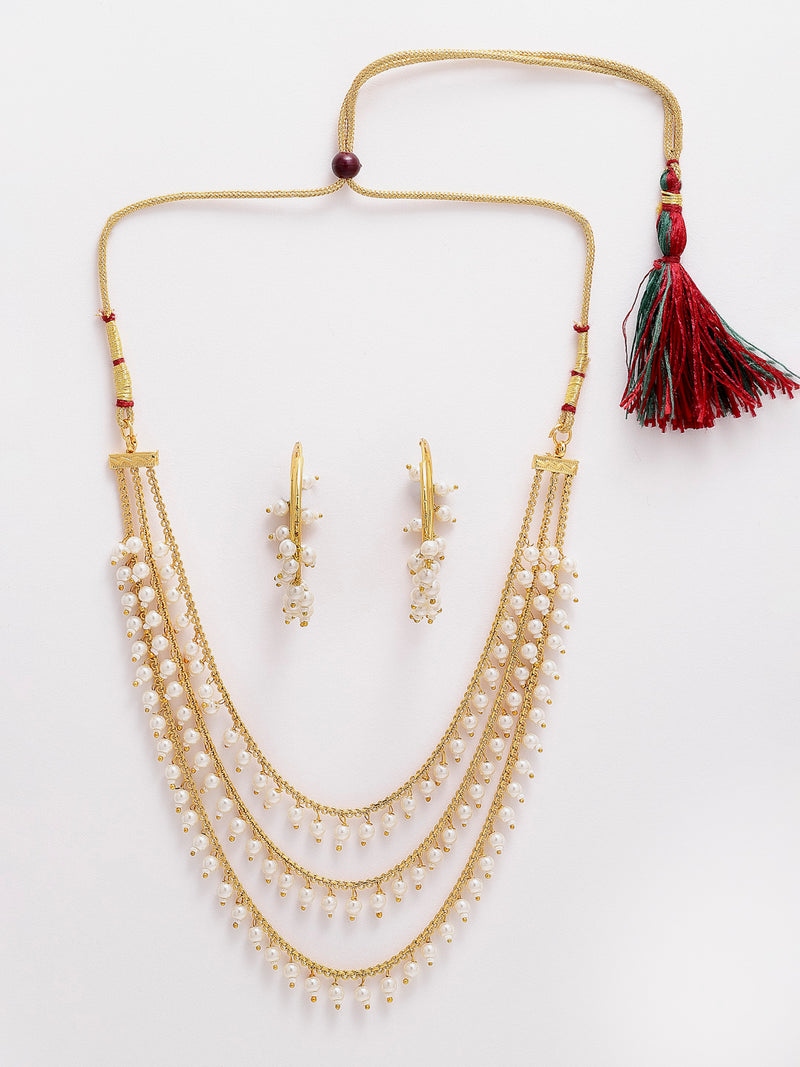 Gold-Plated White Pearl Drop 3 Layered Jewelry Set
