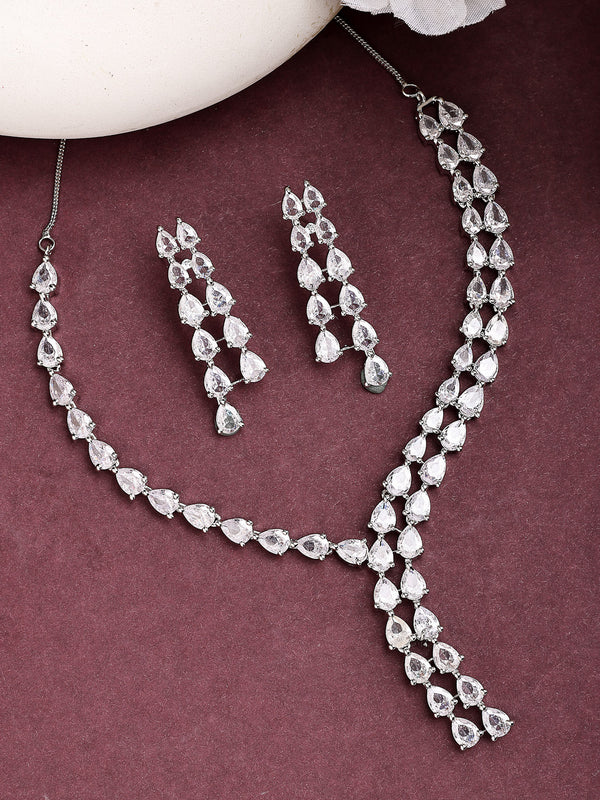 Rhodium Plated with Karatbee Sparkling Solitaire Design & White AD Stone Studded Necklace Set