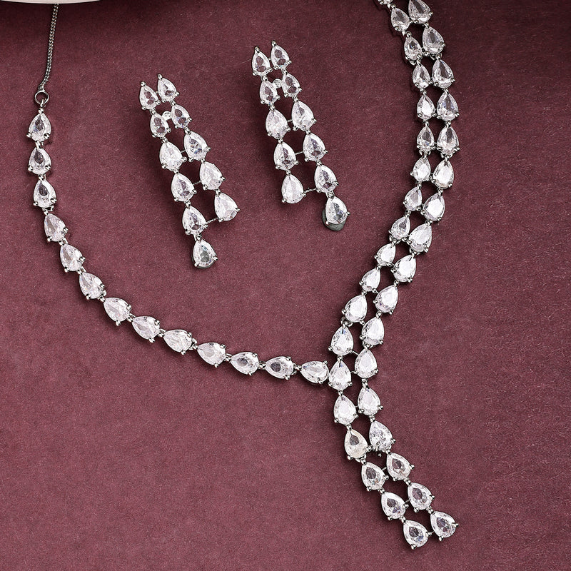 Rhodium Plated Silver Toned Sparkle White American Diamond Stone Studded Jewellery Set