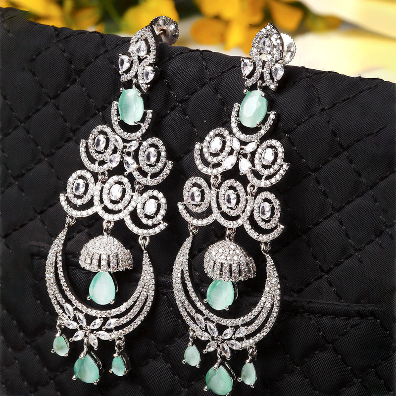 Sea Green & White Rhodium-Plated with Silver-Tone American Diamond Studded Chandelier Earrings