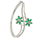 Rhodium Plated Floral Design Green AD Stone Contemporary Cuff Bracelet