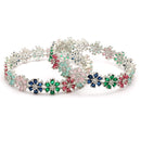 Rhodium Plated Silver Toned Floral Shaped Multicolor American Diamond Studded Bangles Set Of 2