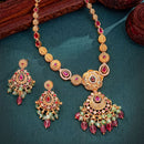 Gold Plated Brass Temple Chandbali AD Necklace Set for Women & Girls Traditional Pear Shape Stone Ethnic Jewellery Set with Beaded Drops