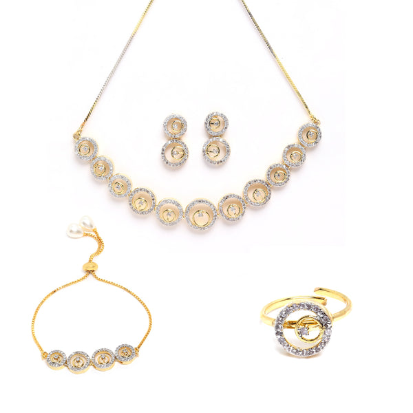 Gold-Plated & White American Diamond-Studded Triangle Shaped Jewellery Set Combo