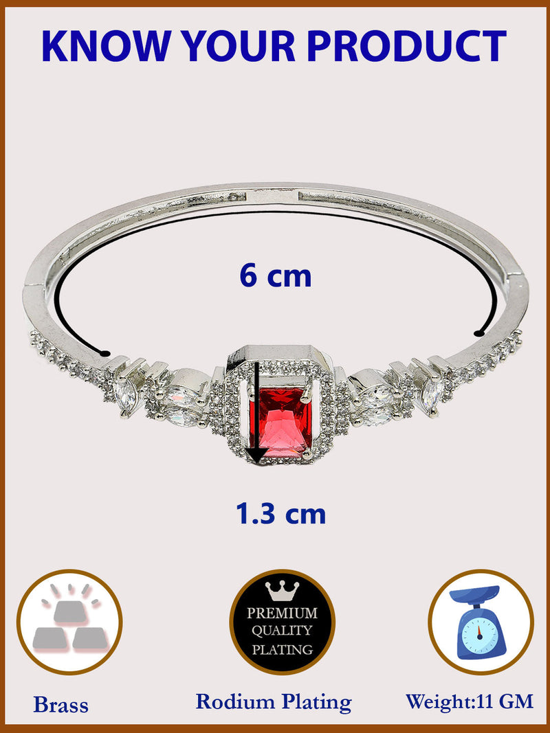 Rhodium Plated Silver Toned Red Rectangle American Diamond Studded Cuff Bracelet