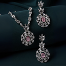 Rhodium-Plated Silver Toned Square Pink American Diamond Studded Necklace with Earring Jewellery Set
