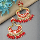 Gold-Plated Red Kundan & White Pearls studded Peacock Shaped Handcrafted Drop Earrings