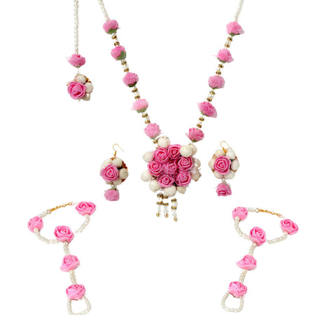 Gold-Plated Pink & White Pearl Gota Patti Flower Jewellery Set Combo ( Haldi, Mehndi, Bridal Shower )