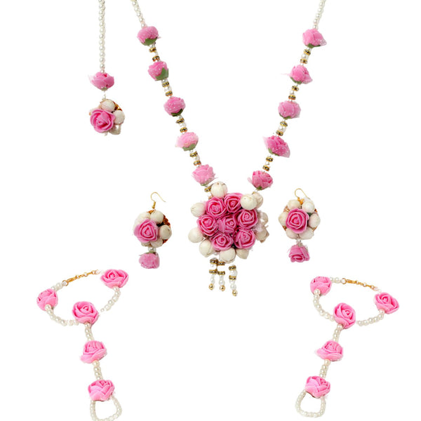 Gold-Plated Pink & White Pearl Gota Patti Flower Jewellery Set Combo ( Haldi, Mehndi, Bridal Shower )