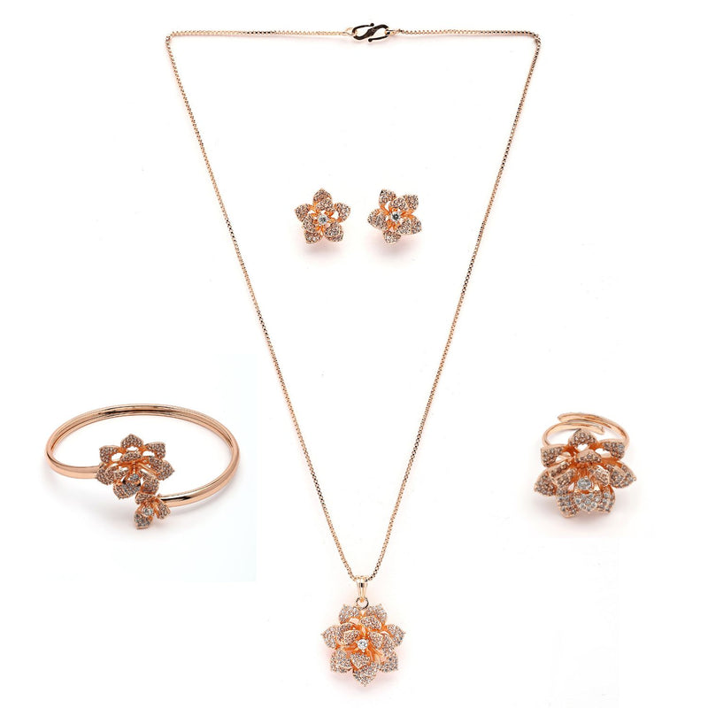 Rose Gold Plated White American Diamonds Studded Floral Shaped Pendant Combo