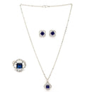 Rhodium Plated Silver Toned Square Shaped Blue & White American Diamond Studded Pendant Combo With Ring