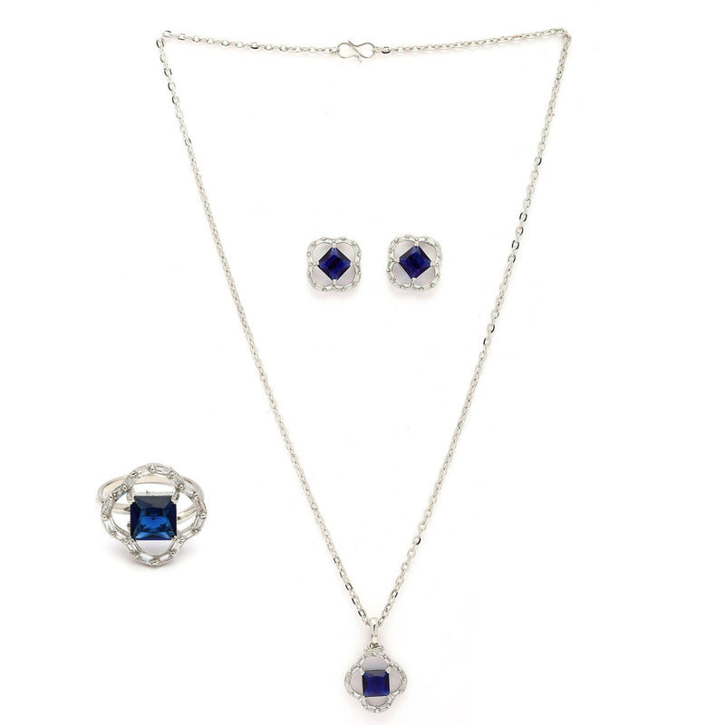 Rhodium Plated Silver Toned Square Shaped Blue & White American Diamond Studded Pendant Combo With Ring