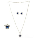 Rhodium Plated Silver Toned Star Shaped Blue & White American Diamond Studded Pendant Combo With Ring